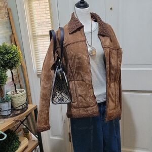 Melissa Sherpa Lined Chocolate Brown Faux Leather Jacket, Coat, Women's Size L